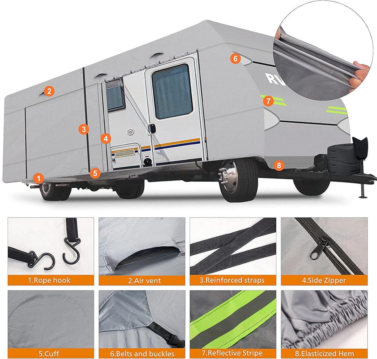 RV Cover with 4 Tire Covers and Tongue Jack Covers, 2 Windproof Belts, Silver, 37'1 - 40' F212880