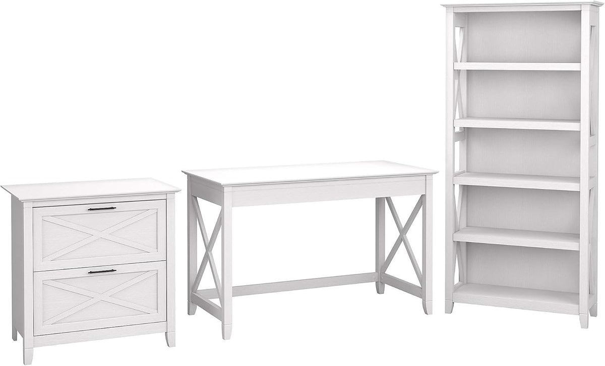 54W Computer Desk with 2 Drawer Lateral File Cabinet and 5 Shelf Bookcase, Pure White Oak R3589