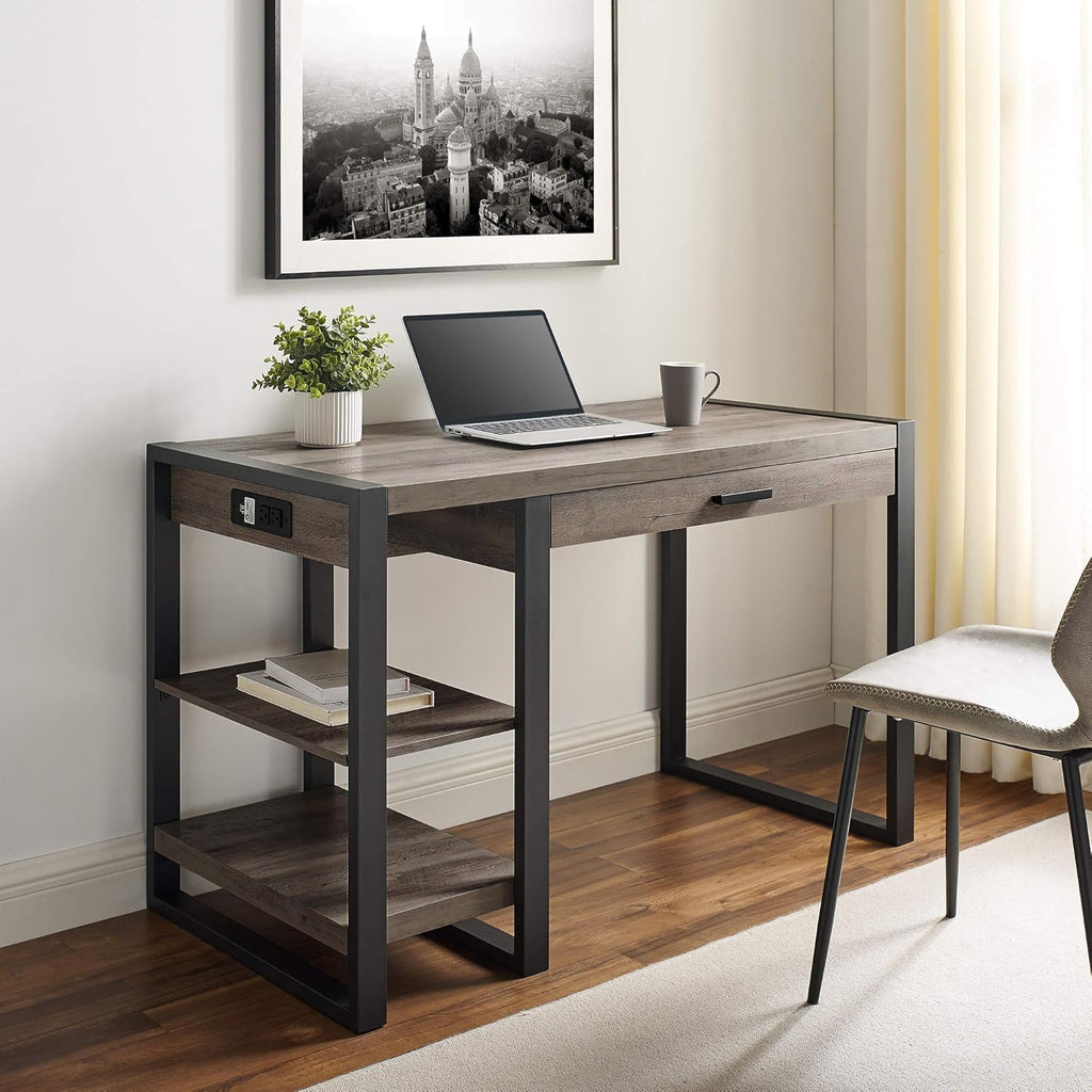 48 Inch Grey Wash Computer Gaming Desk with Drawer and Electrical Outlet I3186