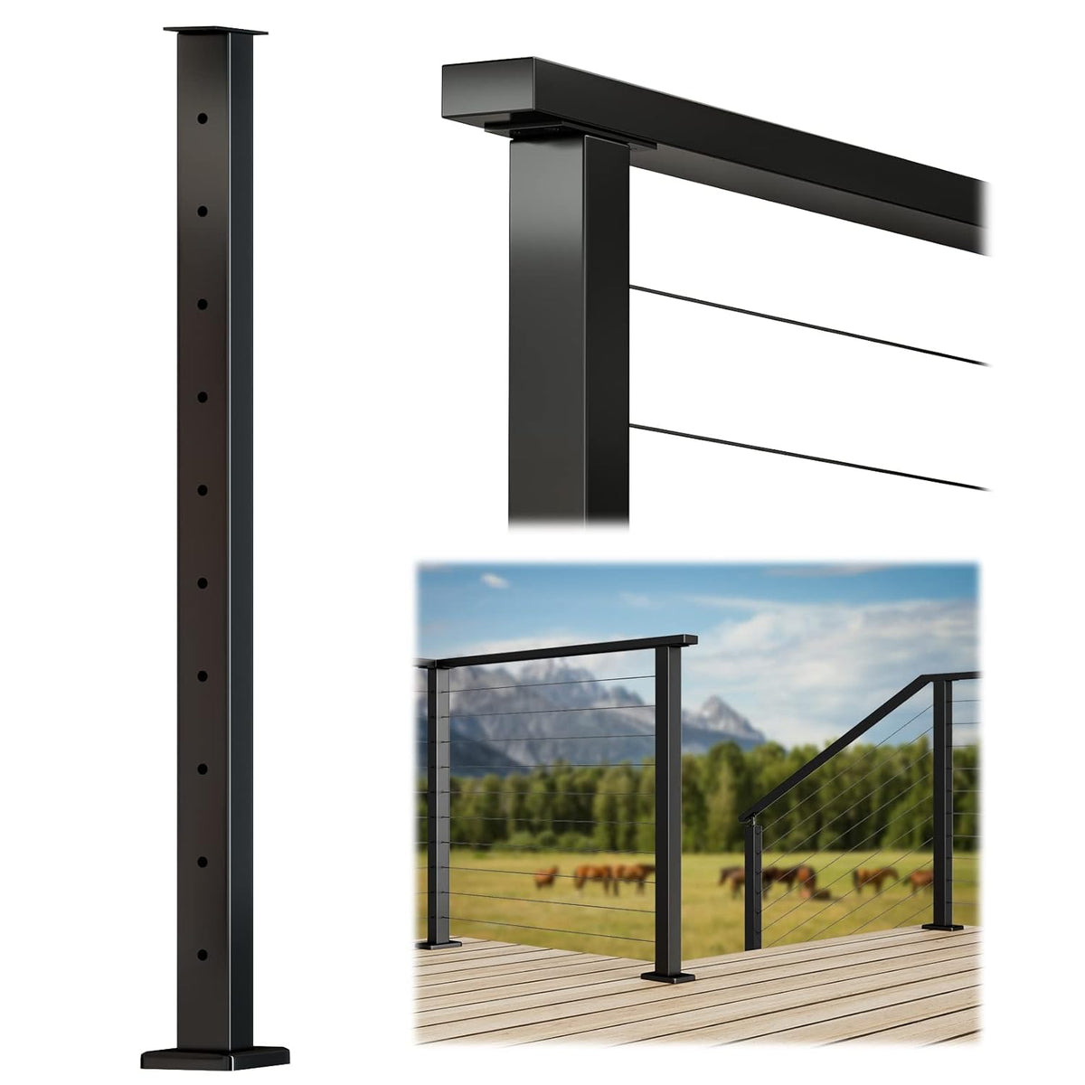 Black Powder Coated Stainless Steel Square Flat Top Cable Railing Post Z802542