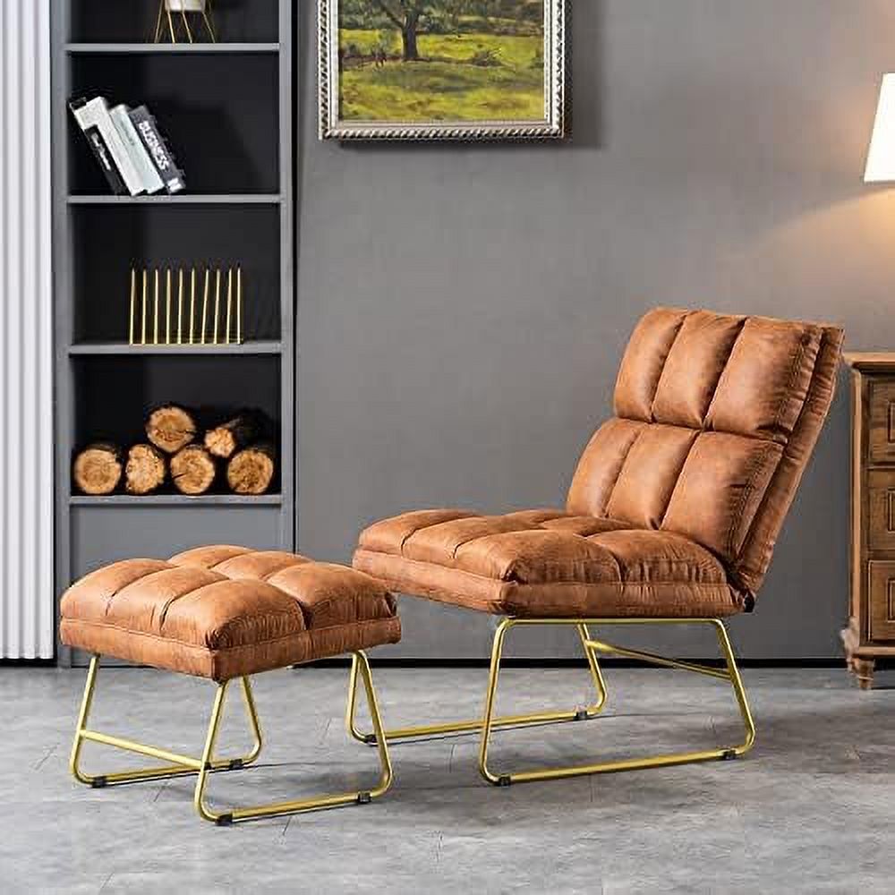 Accent Chair with Ottoman PU Leather Club Chair with Golden Metal Legs V621