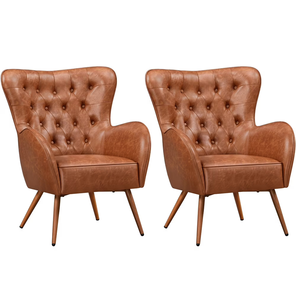 Brown Faux Leather Tufted Accent Chair, 2pcs N115289