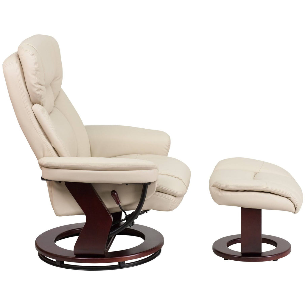 Beige Multi Position Recliner with Curved Ottoman and Swivel Wood Base M936