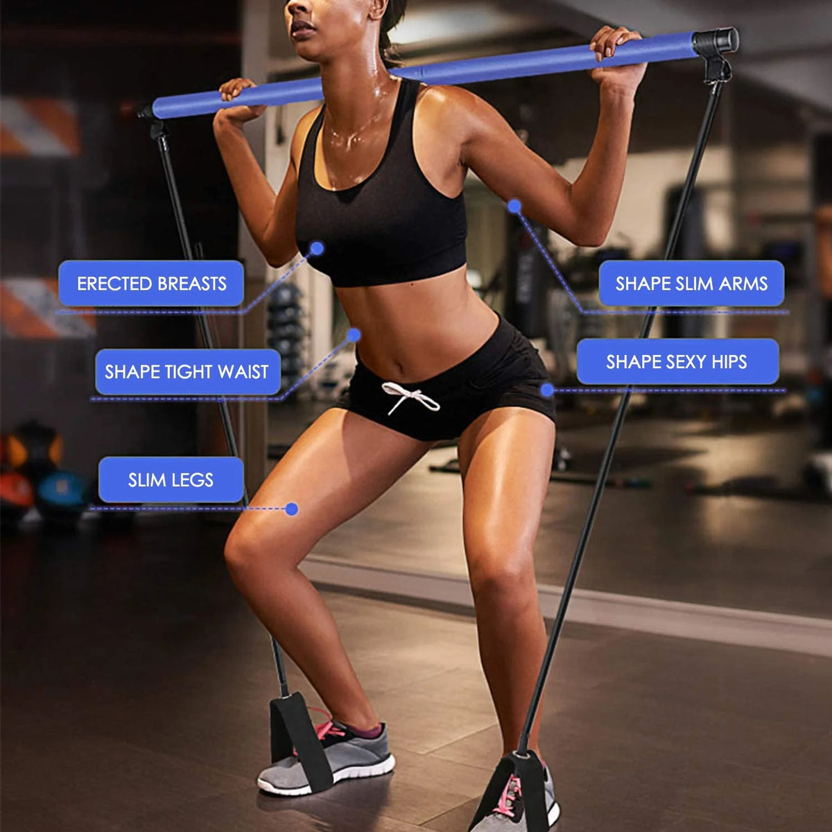 Blue Portable Pilates Bar with Resistance Bands Loop Set O993