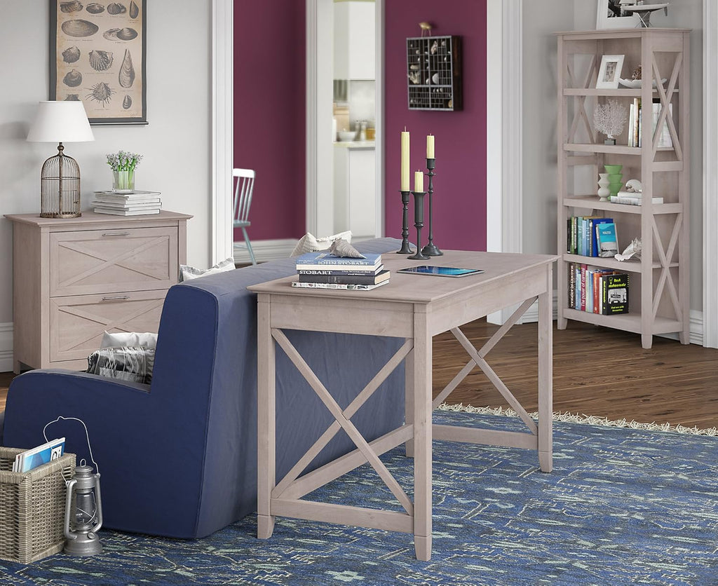 54W Computer Desk with 2 Drawer Lateral File Cabinet and 5 Shelf Bookcase, Pure White Oak R3589