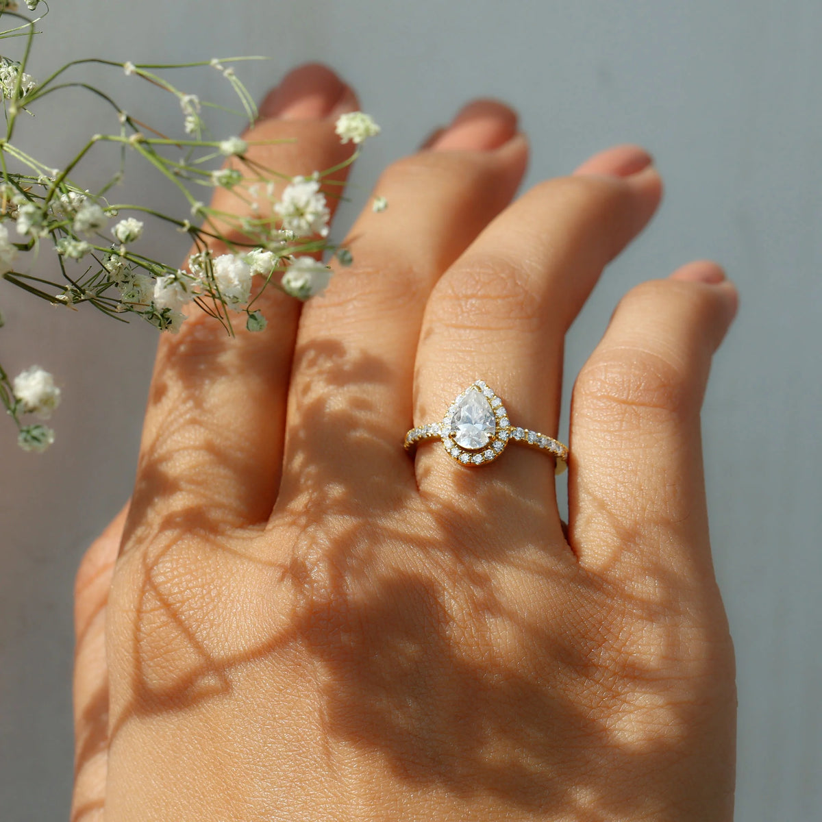 Pear Shape Moissanite Halo Engagement Ring, 10K Yellow Gold, US 3.50 D7711