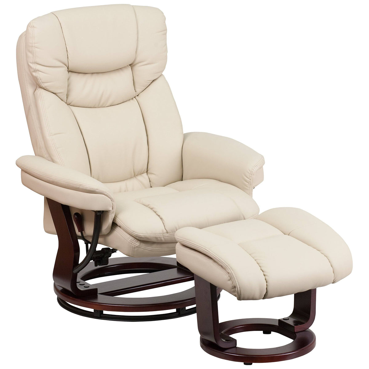 Beige Multi Position Recliner with Curved Ottoman and Swivel Wood Base M936