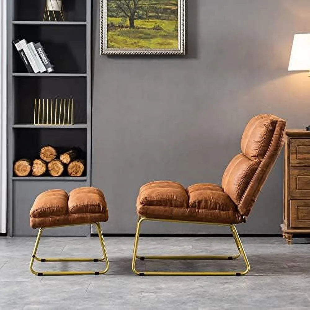 Accent Chair with Ottoman PU Leather Club Chair with Golden Metal Legs V621
