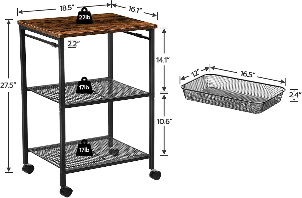 3-Tier Printer Cart with Storage Shelf and Wheels G1310
