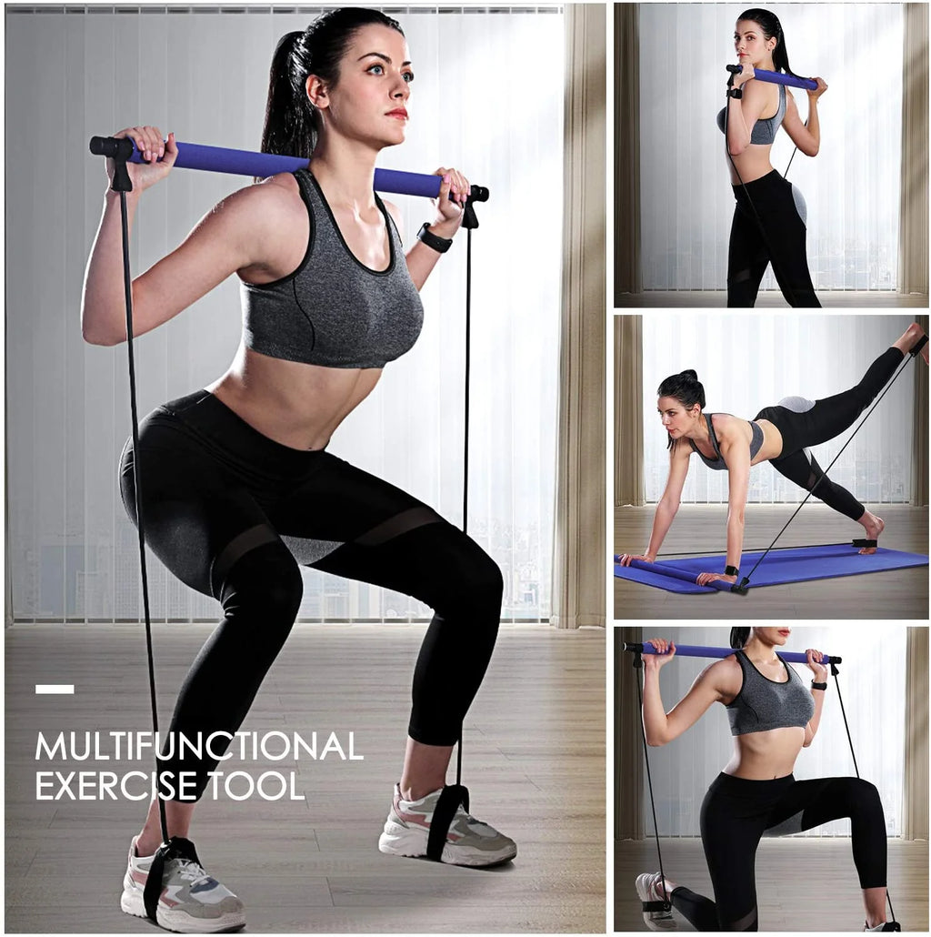 Blue Portable Pilates Bar with Resistance Bands Loop Set O993