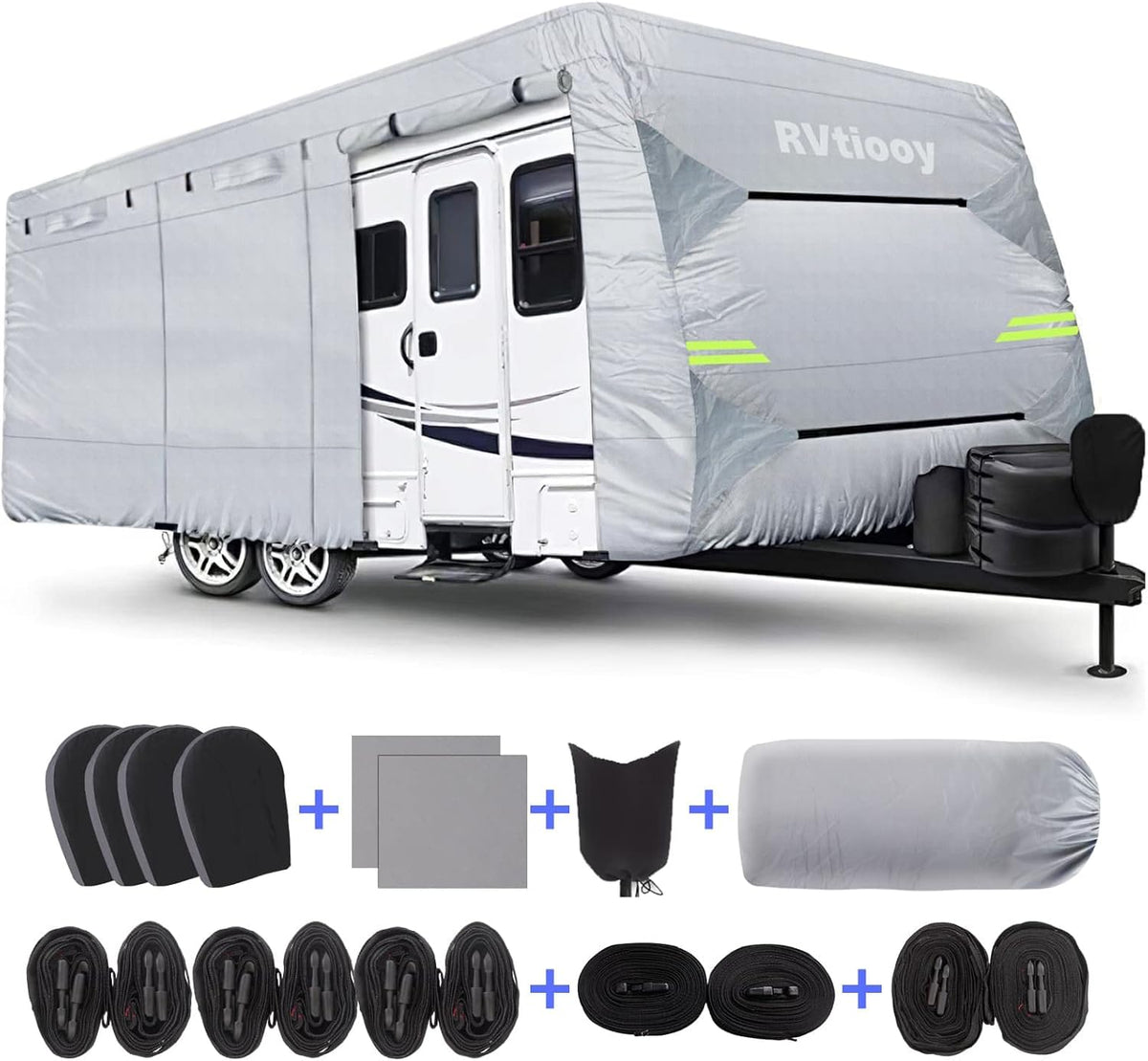 RV Cover with 4 Tire Covers and Tongue Jack Covers, 2 Windproof Belts, Silver, 37'1 - 40' F212880
