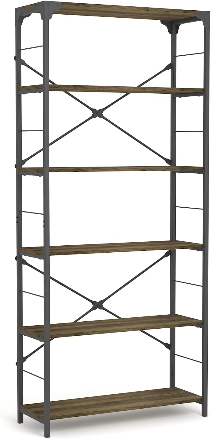 6-Tier Industrial Black Bookcase W489