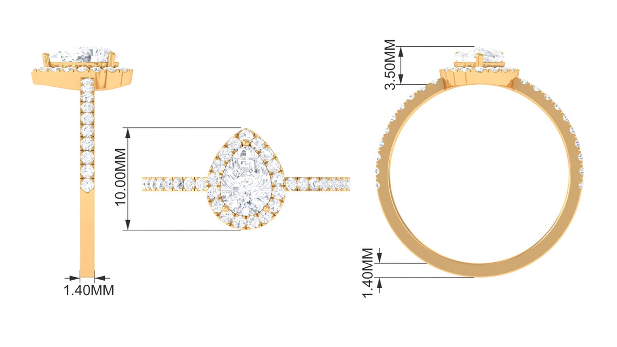 Pear Shape Moissanite Halo Engagement Ring, 10K Yellow Gold, US 3.50 D7711