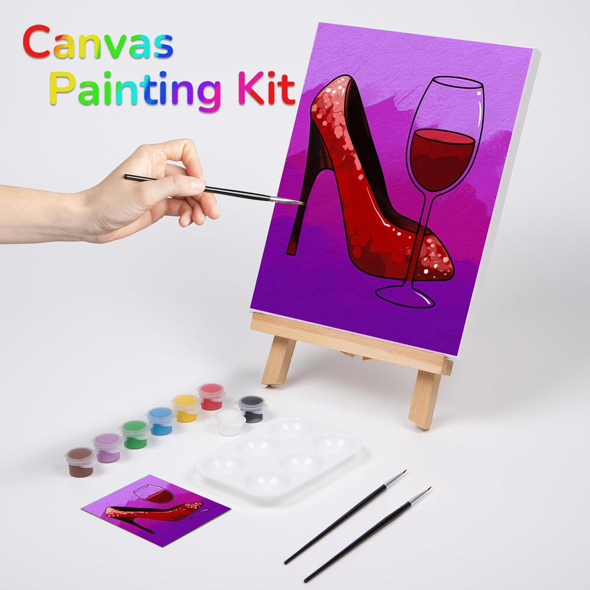 Pre Drawn Canvas Painting Kit with 1 Easel, 8 Acrylic Colors, 3 Brush, 1 Pallet (8x10) K6752