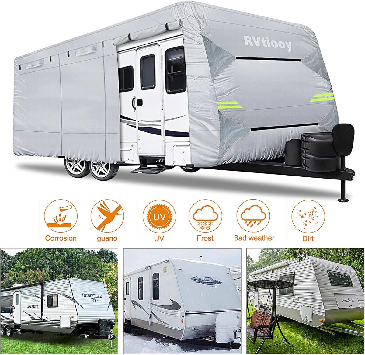 RV Cover with 4 Tire Covers and Tongue Jack Covers, 2 Windproof Belts, Silver, 37'1 - 40' F212880