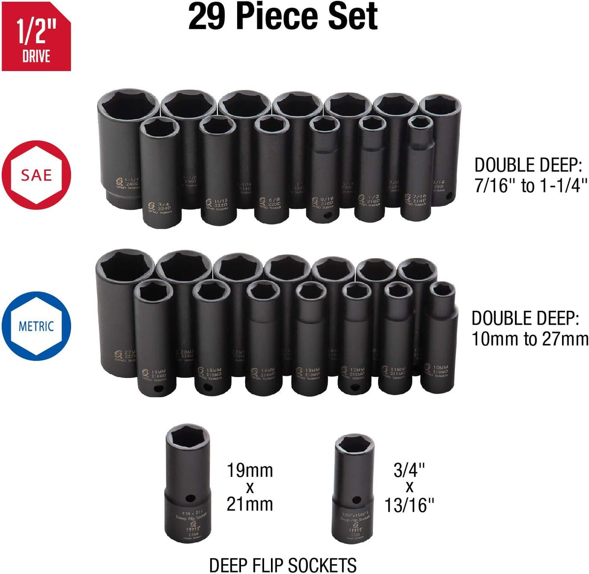 1/2 Inch Drive Master Impact Socket Set, 29-Piece, Cr-Mo Steel N747