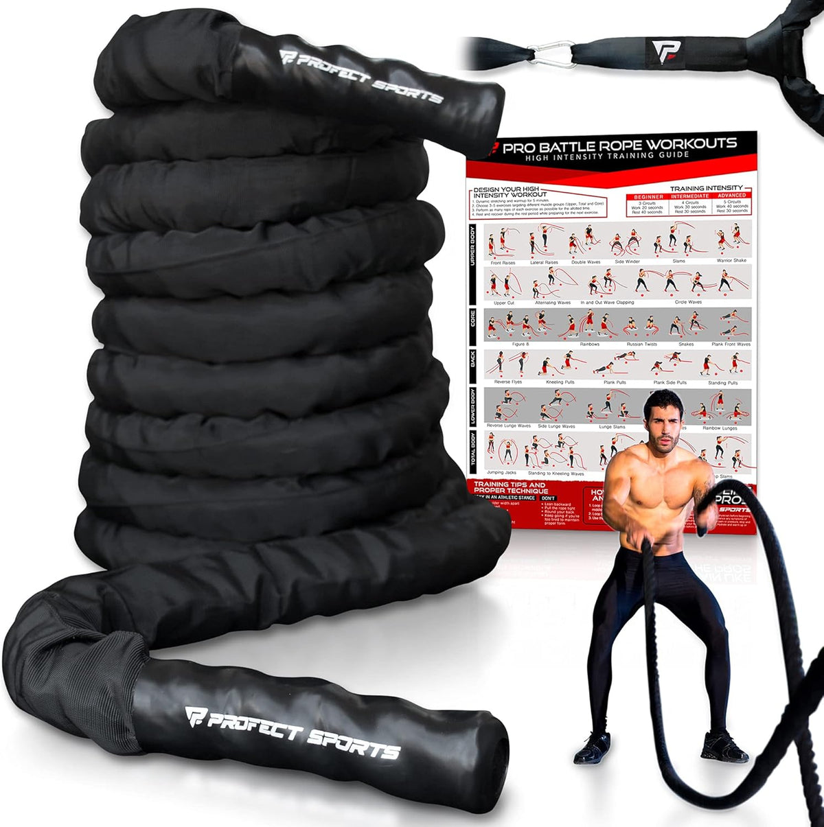 Battle Rope with Anchor Strap Kit and Exercise Poster, 100% Poly Dacron, Pack of 2 X629