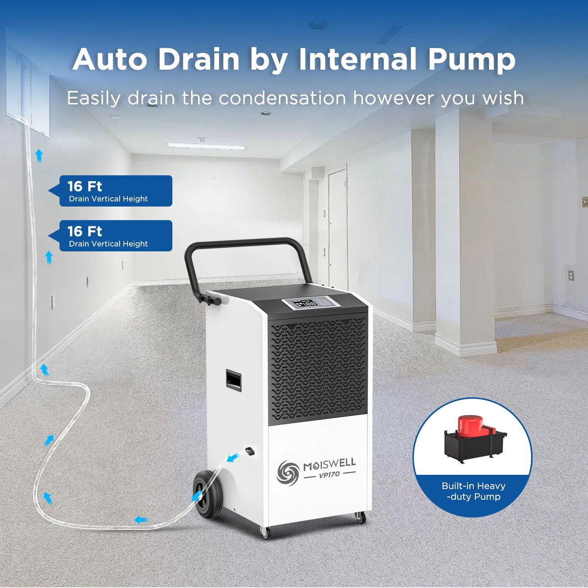 170 Pints Commercial Dehumidifier with Pump and Drain Hose T674678