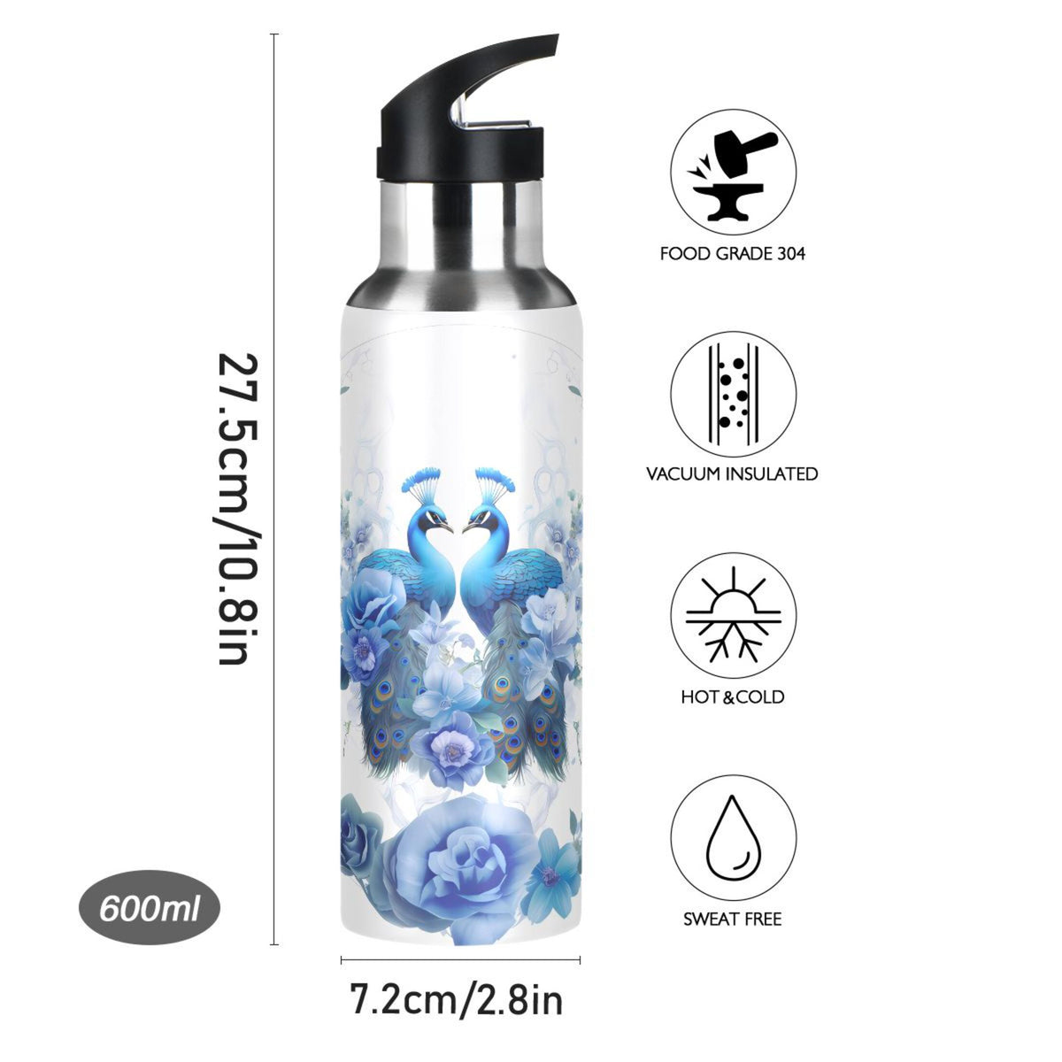 Stainless Steel Insulated Thermos Vacuum Flask Water Bottle with Straw Lid T7537