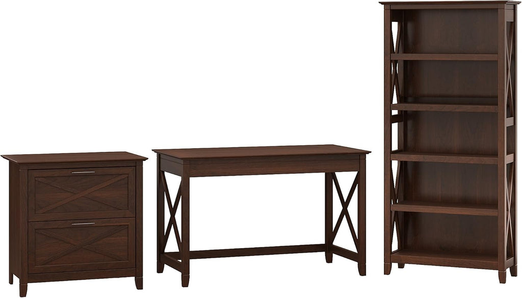 54W Computer Desk with 2 Drawer Lateral File Cabinet and 5 Shelf Bookcase, Pure White Oak R3589