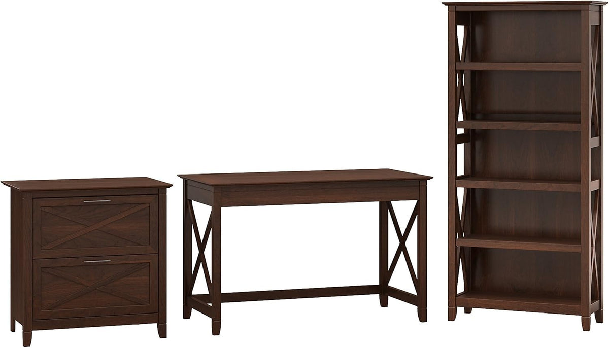 54W Computer Desk with 2 Drawer Lateral File Cabinet and 5 Shelf Bookcase, Pure White Oak R3589