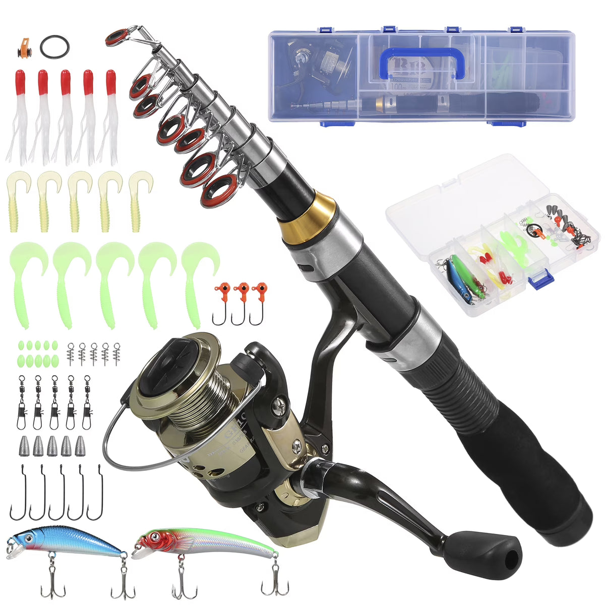 Spinning Rod Reel Combo Kit with Lures Swivels Line Box Pole Telescopic Q955744