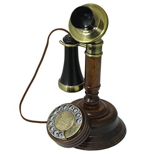 Antique Style Telephone Made from Real Wood, Black Plastic Parts Partially Gilded with Brass D911556