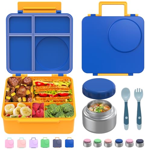 Leak-Proof Bento Box with Insulated Thermos Food Jar, 4 Compartments, Blue G138
