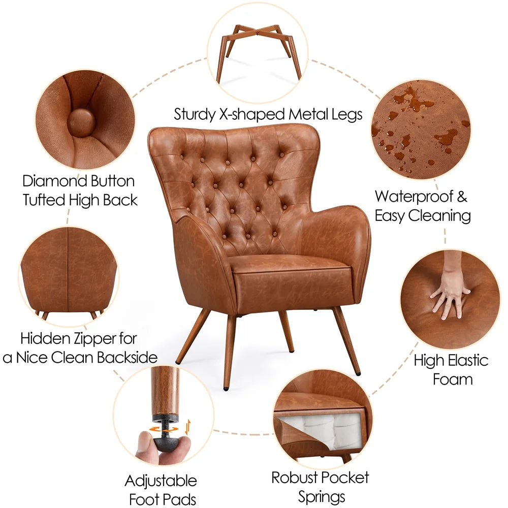 Brown Faux Leather Tufted Accent Chair, 2pcs N115289