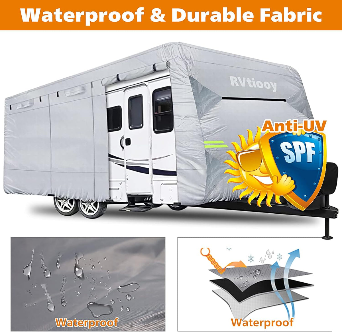 RV Cover with 4 Tire Covers and Tongue Jack Covers, 2 Windproof Belts, Silver, 37'1 - 40' F212880