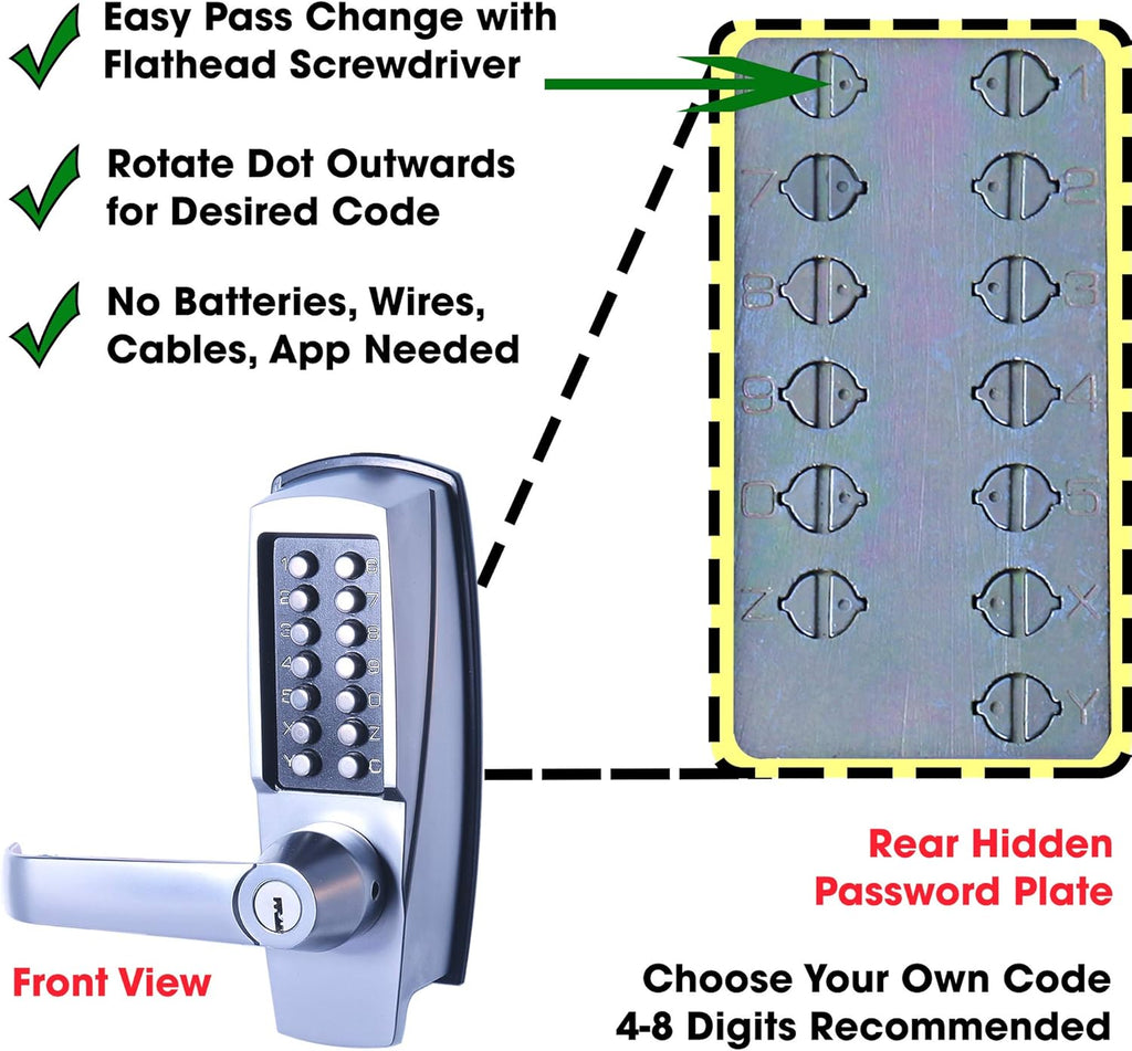 Mechanical Push Button Lever Lock, 60mm Backset, 13 Digit Keypad, Satin Chrome T966