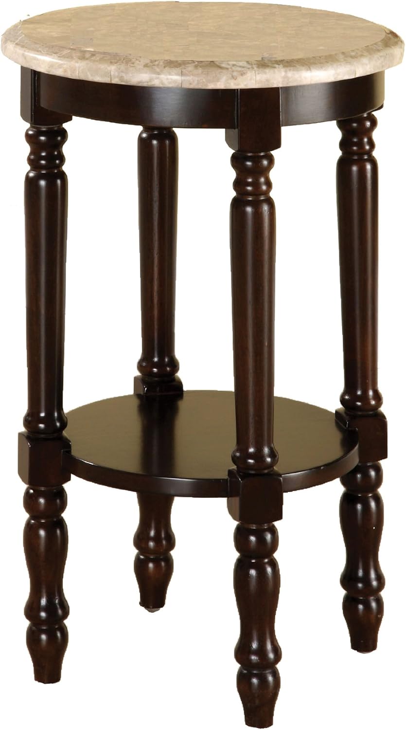 Round Stand with Genuine Marble Top, Dark Cherry Finish Z9844
