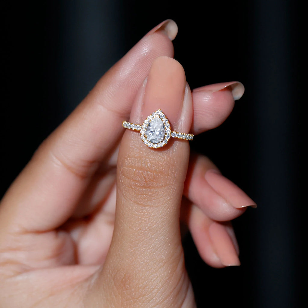 Pear Shape Moissanite Halo Engagement Ring, 10K Yellow Gold, US 3.50 D7711