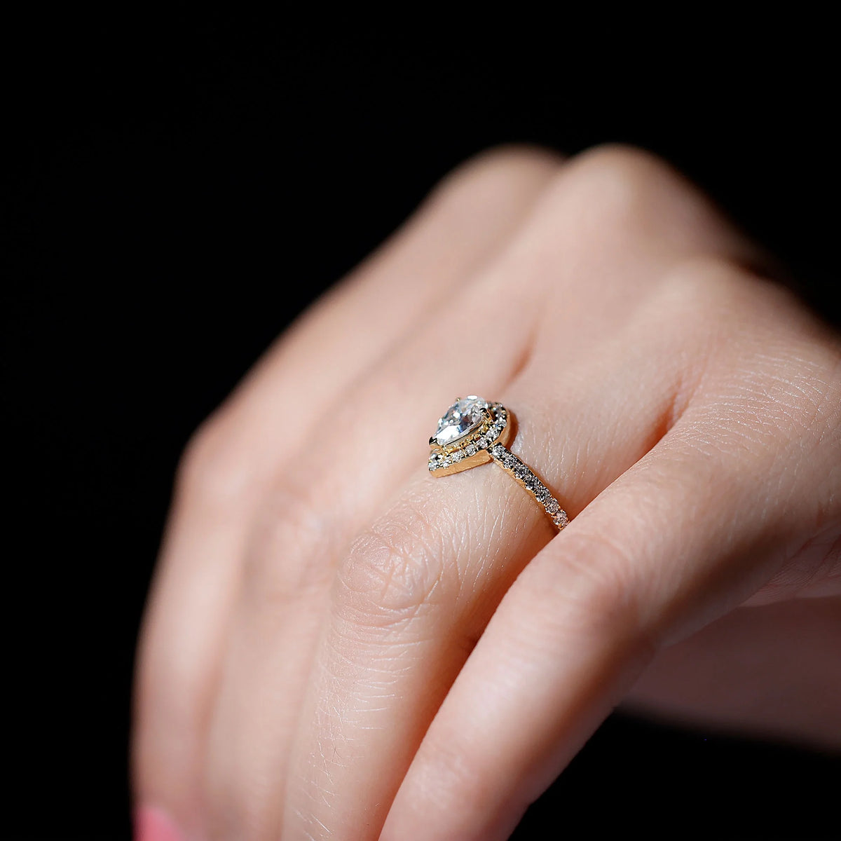 Pear Shape Moissanite Halo Engagement Ring, 10K Yellow Gold, US 3.50 D7711