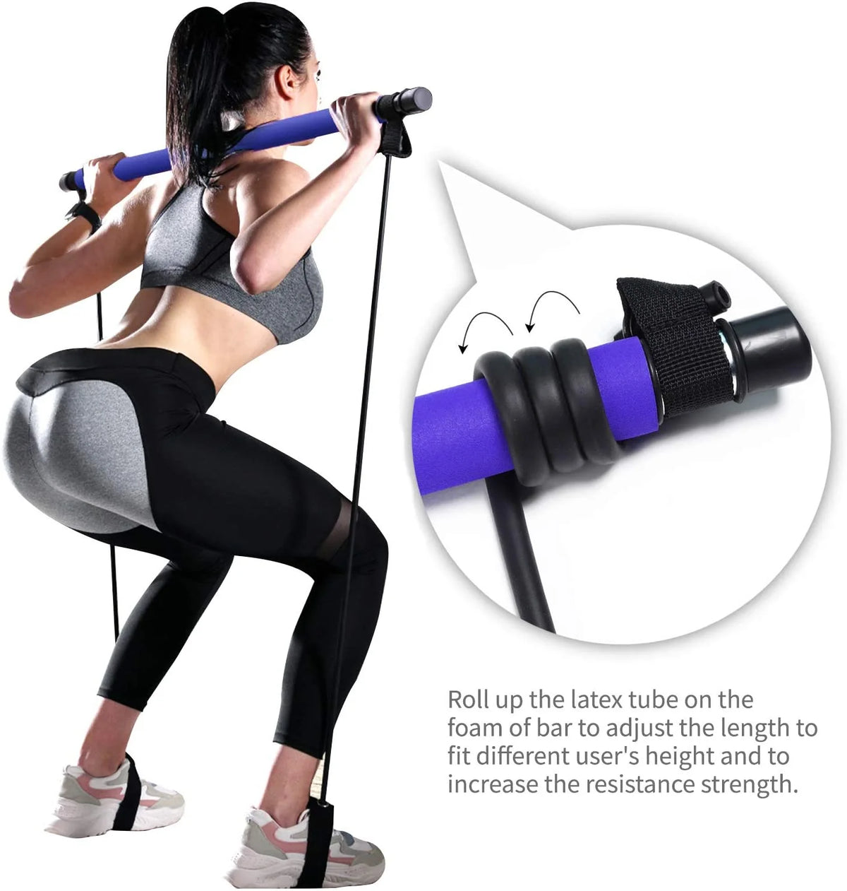 Blue Portable Pilates Bar with Resistance Bands Loop Set O993