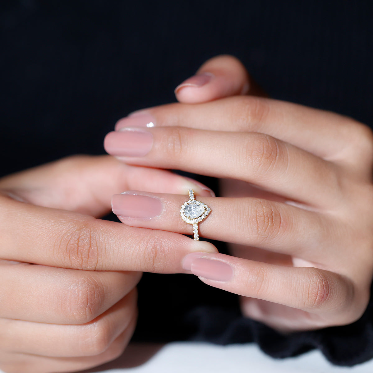 Pear Shape Moissanite Halo Engagement Ring, 10K Yellow Gold, US 3.50 D7711