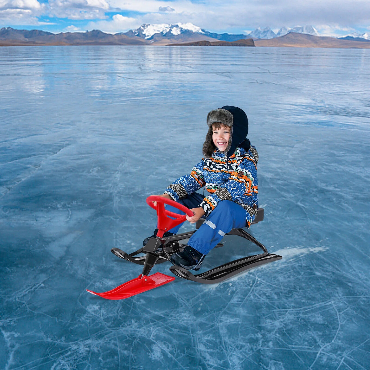 Snow Racer Sled Slider Board with Steering Wheel Double Brake C505835
